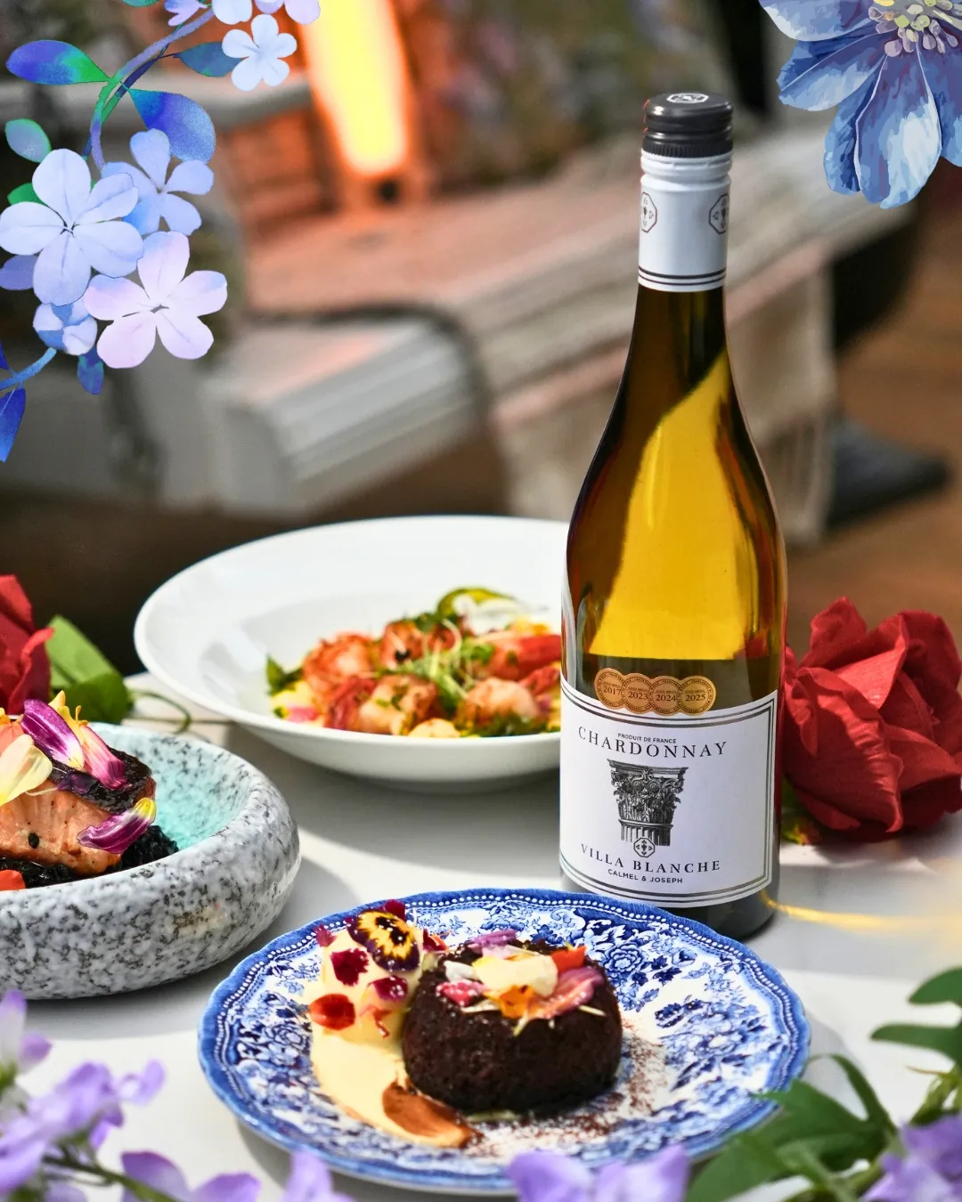 Chardonnay with salmon, shrimp and a chocolate dessert, framed with illustrated flowers